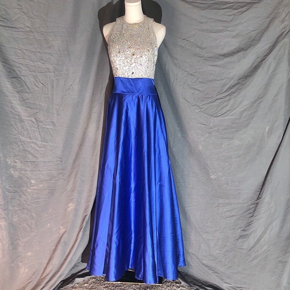 Prom Blue Silver A-Line Formal Dress Ball Gown Sequin Sleeveless Size M Sz L